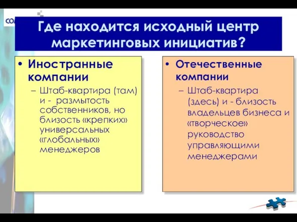 Где находится исходный центр маркетинговых инициатив? Иностранные компании Штаб-квартира (там) и -