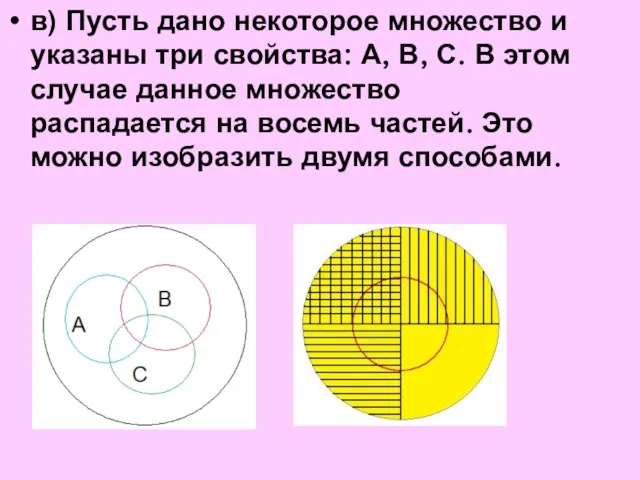 в) Пусть дано некоторое множество и указаны три свойства: А, В, С.