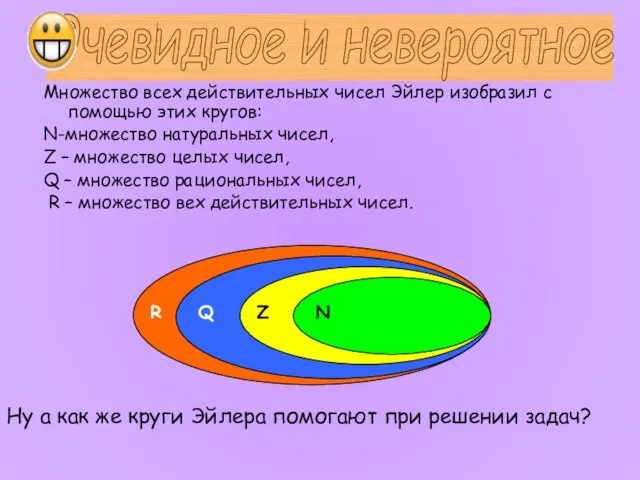 Множество всех действительных чисел Эйлер изобразил с помощью этих кругов: N-множество натуральных