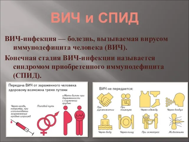 ВИЧ и СПИД ВИЧ-инфекция — болезнь, вызываемая вирусом иммунодефицита человека (ВИЧ). Конечная