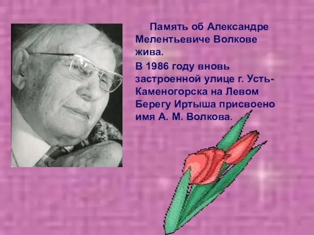 Память об Александре Мелентьевиче Волкове жива. В 1986 году вновь застроенной улице