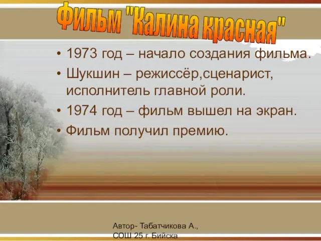 Автор- Табатчикова А., СОШ 25 г. Бийска 1973 год – начало создания
