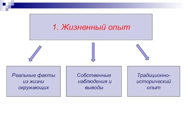 Реальные факты из жизни окружающих 1. Жизненный опыт Собственные наблюдения и выводы Традиционно- исторический опыт