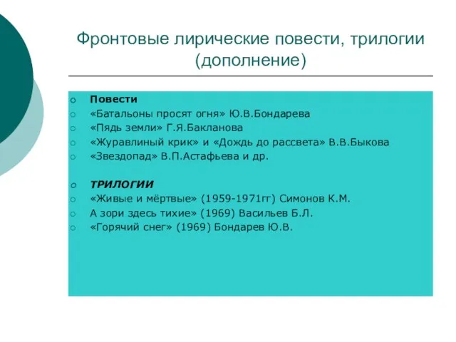 Фронтовые лирические повести, трилогии (дополнение) Повести «Батальоны просят огня» Ю.В.Бондарева «Пядь земли»