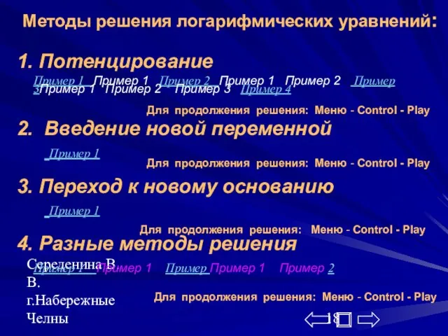 Середенина В.В. г.Набережные Челны Методы решения логарифмических уравнений: 1. Потенцирование Пример 1