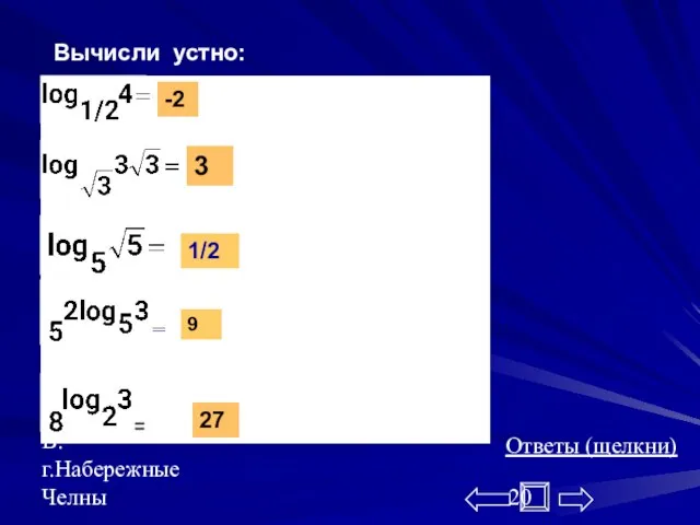 Середенина В.В. г.Набережные Челны Вычисли устно: -2 3 1/2 9 27 = = Ответы (щелкни)