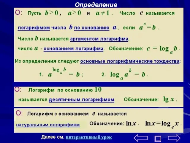 Определение натуральным логарифмом Далее см. интерактивный урок