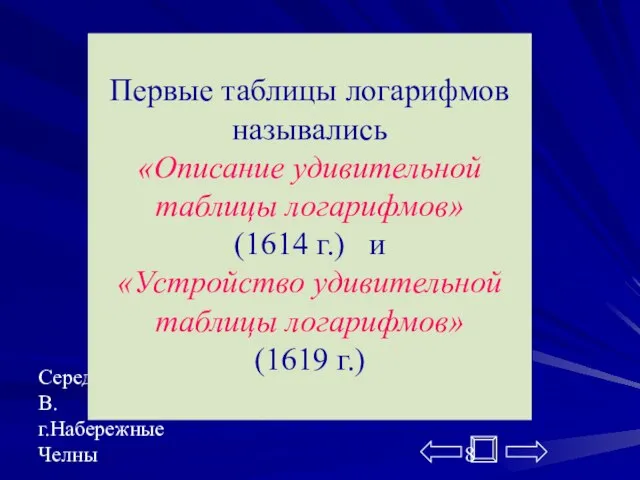 Середенина В.В. г.Набережные Челны Первые таблицы логарифмов назывались «Описание удивительной таблицы логарифмов»