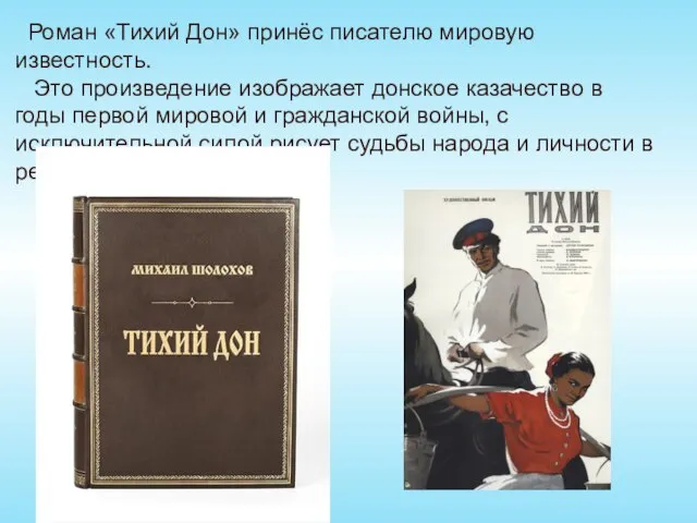 Роман «Тихий Дон» принёс писателю мировую известность. Это произведение изображает донское казачество