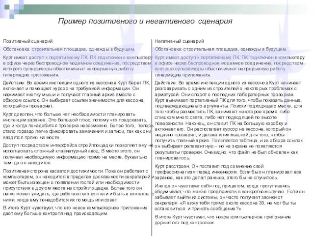 Пример позитивного и негативного сценария Позитивный сценарий Обстановка: строительная площадка, однажды в