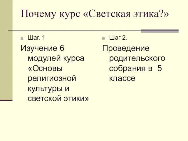 Почему курс «Светская этика?» Шаг. 1 Изучение 6 модулей курса «Основы религиозной