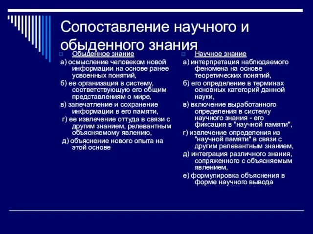 Сопоставление научного и обыденного знания Обыденное знание а) осмысление человеком новой информации