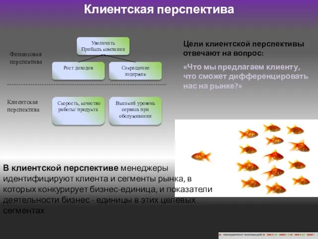 Финансовая перспектива Клиентская перспектива Цели клиентской перспективы отвечают на вопрос: «Что мы