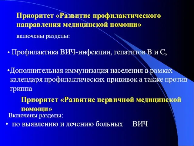 Приоритет «Развитие профилактического направления медицинской помощи» включены разделы: Профилактика ВИЧ-инфекции, гепатитов В