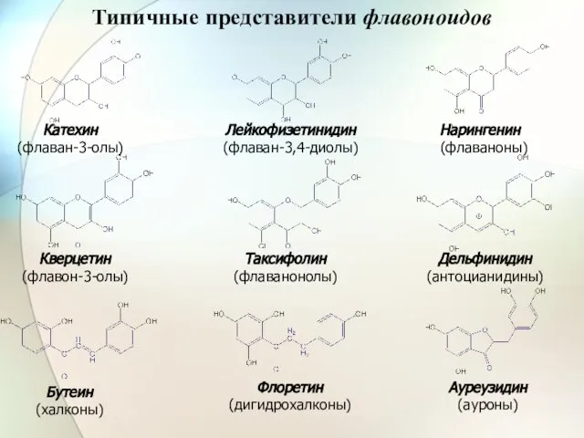 Ауреузидин (ауроны) Флоретин (дигидрохалконы) Бутеин (халконы) Катехин (флаван-3-олы) Лейкофизетинидин (флаван-3,4-диолы) Нарингенин (флаваноны)