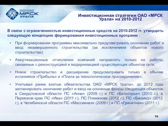Инвестиционная стратегия ОАО «МРСК Урала» на 2010-2012 В связи с ограниченностью инвестиционных