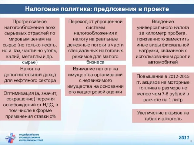 Налоговая политика: предложения в проекте Стратегии-2020 Прогрессивное налогообложение всех сырьевых отраслей по