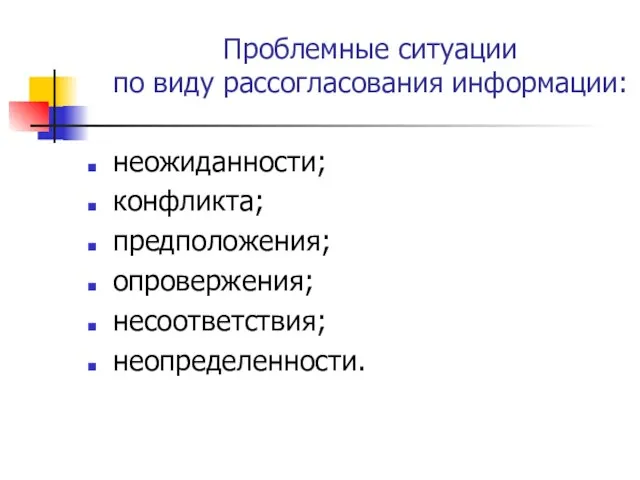 Проблемные ситуации по виду рассогласования информации: неожиданности; конфликта; предположения; опровержения; несоответствия; неопределенности.