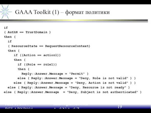 June 3, 2004 RELARN2004 Interorganisational AuthN/AuthZ GAAA Toolkit (1) – формат политики