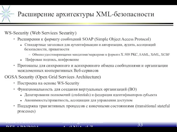 June 3, 2004 RELARN2004 Interorganisational AuthN/AuthZ Расширение архитектуры XML-безопасности WS-Security (Web Services