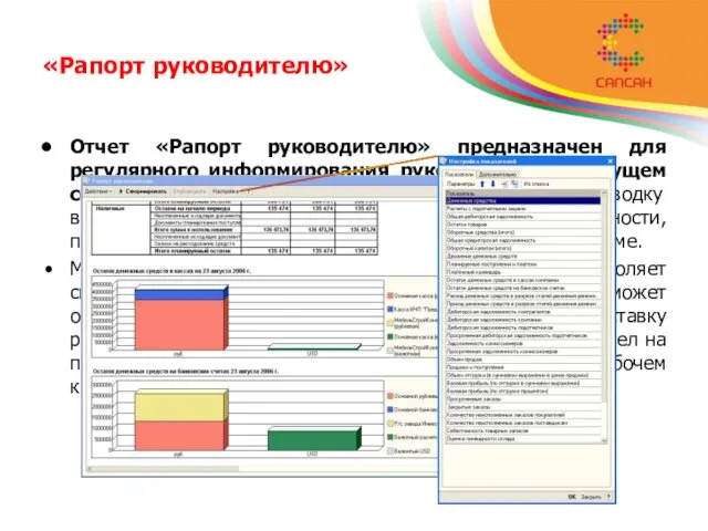 «Рапорт руководителю» Отчет «Рапорт руководителю» предназначен для регулярного информирования руководителя о текущем