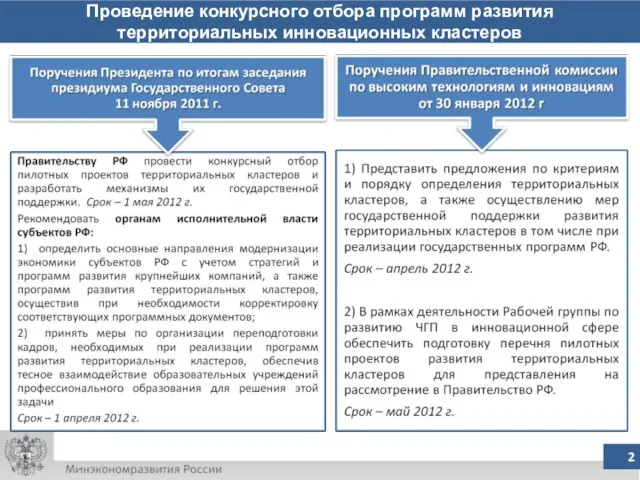 Проведение конкурсного отбора программ развития территориальных инновационных кластеров