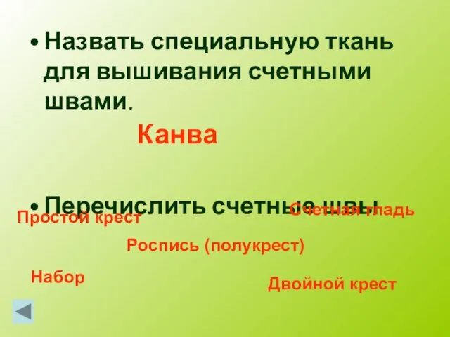 Назвать специальную ткань для вышивания счетными швами. Перечислить счетные швы Канва Простой