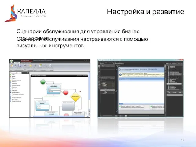 Сценарии обслуживания для управления бизнес-процессами. Сценарии обслуживания настраиваются с помощью визуальных инструментов. Настройка и развитие