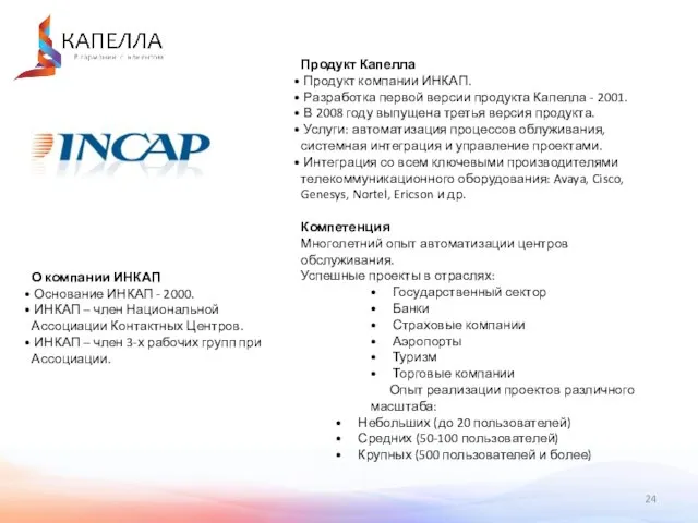 Продукт Капелла Продукт компании ИНКАП. Разработка первой версии продукта Капелла - 2001.