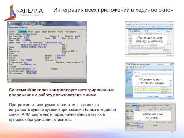 Интеграция всех приложений в «единое окно» Любые внешние системы могут быть интегрированы