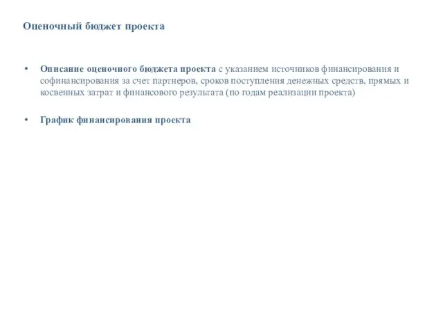 Оценочный бюджет проекта Описание оценочного бюджета проекта с указанием источников финансирования и