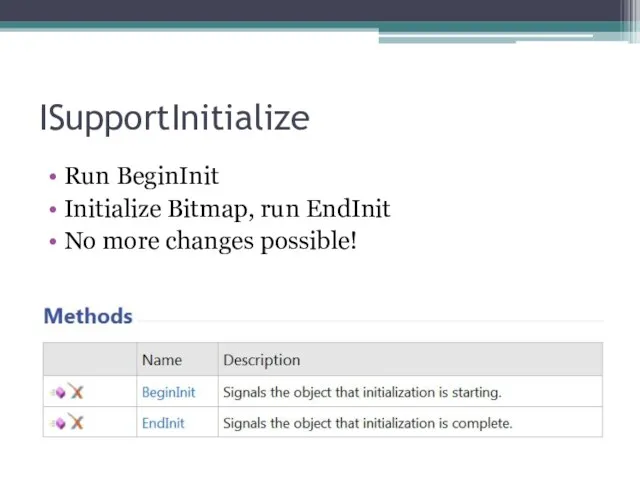 ISupportInitialize Run BeginInit Initialize Bitmap, run EndInit No more changes possible!