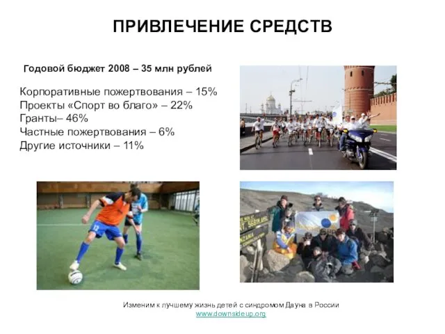 ПРИВЛЕЧЕНИЕ СРЕДСТВ Годовой бюджет 2008 – 35 млн рублей Корпоративные пожертвования –