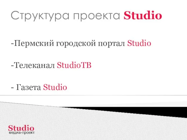 Структура проекта Studio -Пермский городской портал Studio -Телеканал StudioТВ - Газета Studio медиа-проект