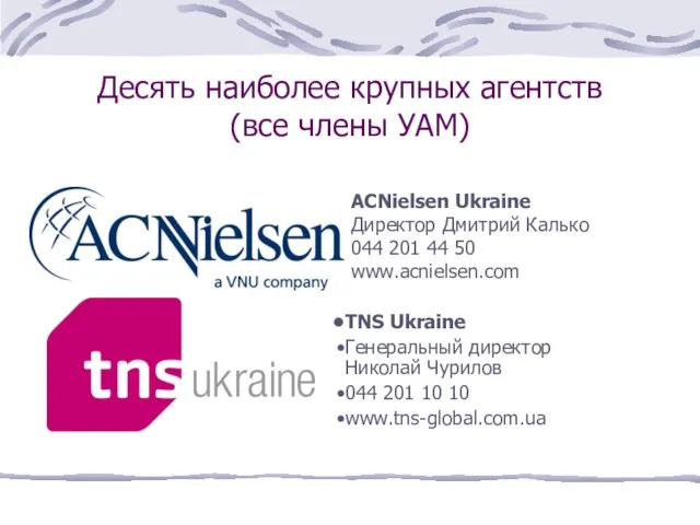 Десять наиболее крупных агентств (все члены УАМ) ACNielsen Ukraine Директор Дмитрий Калько