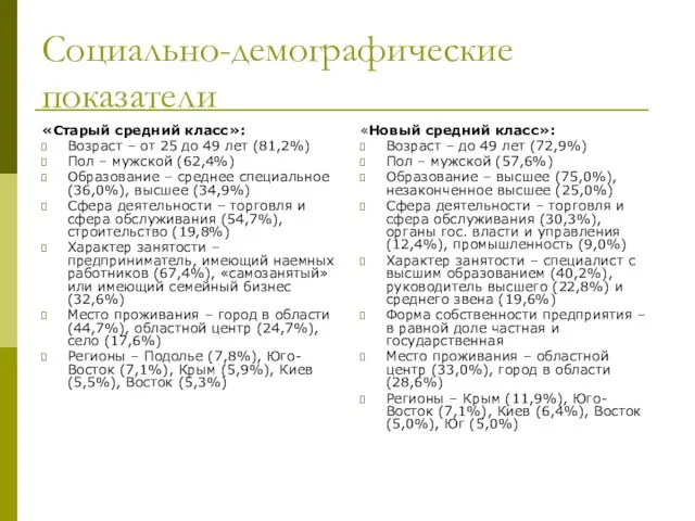 Социально-демографические показатели «Старый средний класс»: Возраст – от 25 до 49 лет