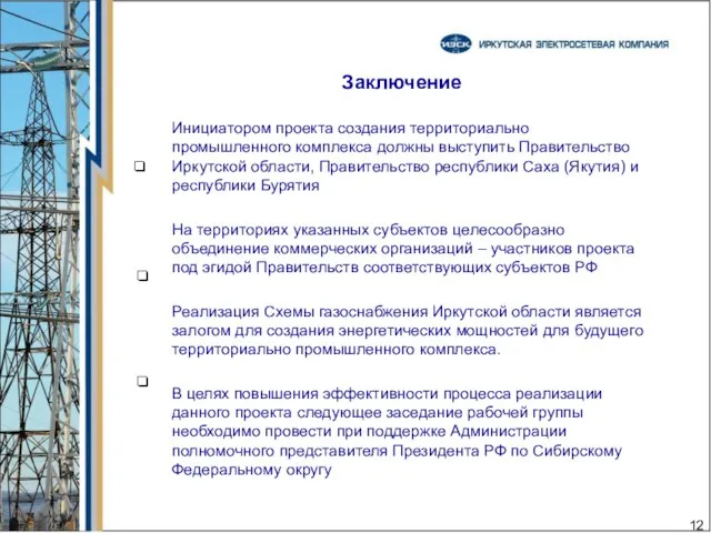 Заключение Инициатором проекта создания территориально промышленного комплекса должны выступить Правительство Иркутской области,
