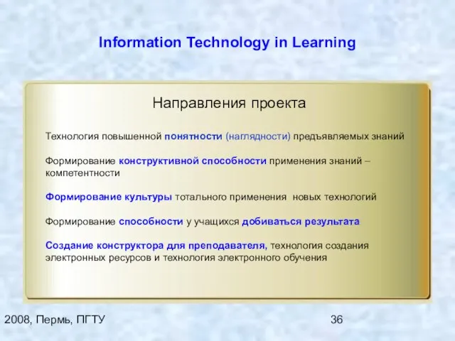 2008, Пермь, ПГТУ Information Technology in Learning Направления проекта Технология повышенной понятности