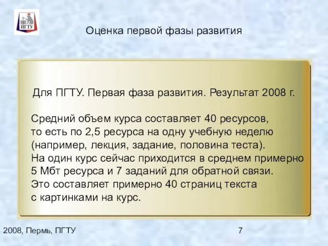 2008, Пермь, ПГТУ Оценка первой фазы развития Средний объем курса составляет 40