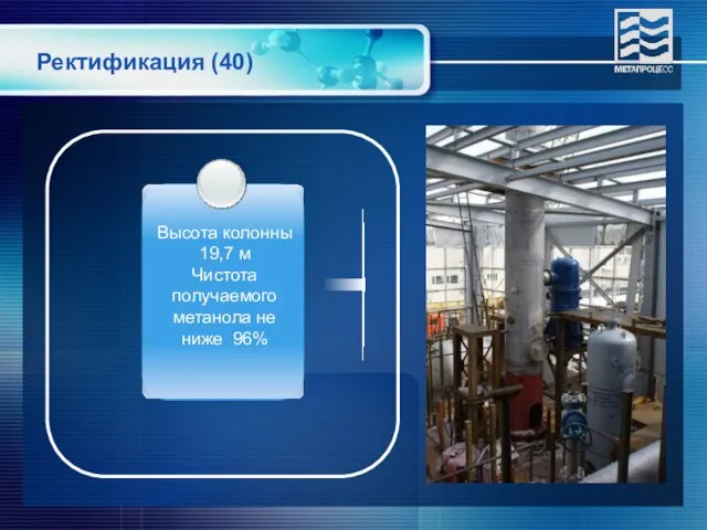 Ректификация (40) Высота колонны 19,7 м Чистота получаемого метанола не ниже 96%