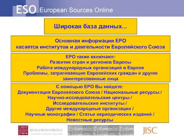 Широкая база данных... Основная информация ЕРО касается институтов и деятельности Европейского Союза