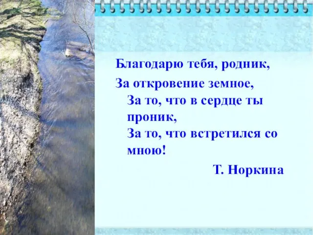 Благодарю тебя, родник, За откровение земное, За то, что в сердце ты