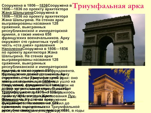 Триумфальная арка Сооружена в 1806—1836Сооружена в 1806—1836 по проекту архитектора Жана ШальгренаСооружена