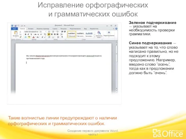 Исправление орфографических и грамматических ошибок Создание первого документа Word, часть I Такие