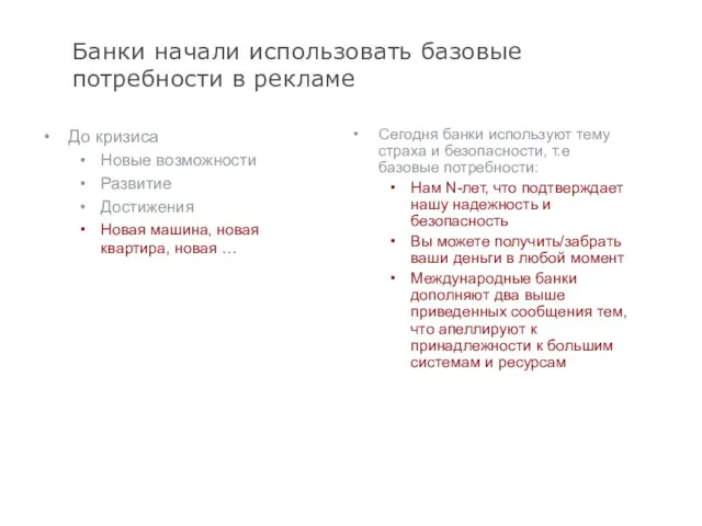 Банки начали использовать базовые потребности в рекламе До кризиса Новые возможности Развитие