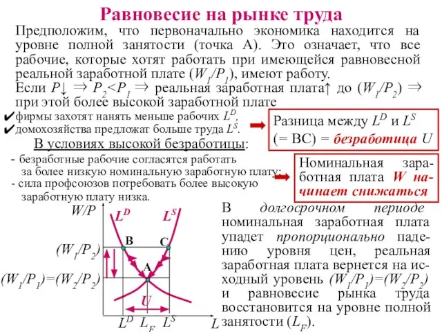 C A Равновесие на рынке труда Предположим, что первоначально экономика находится на