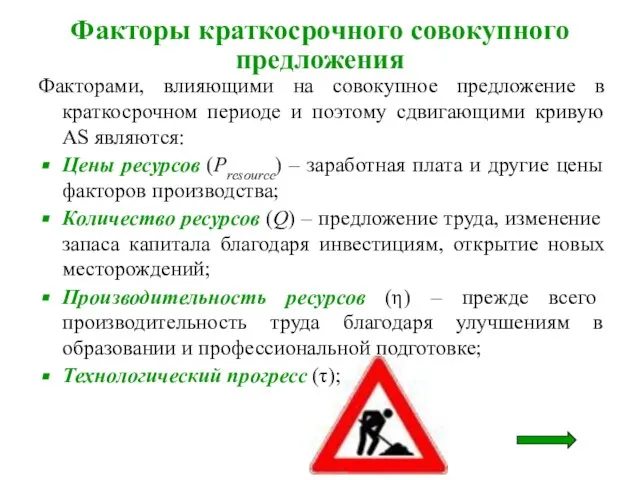 Факторами, влияющими на совокупное предложение в краткосрочном периоде и поэтому сдвигающими кривую