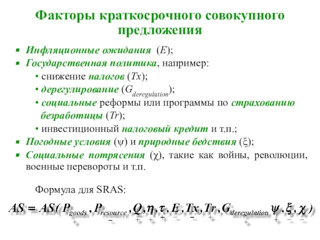 Факторы краткосрочного совокупного предложения Инфляционные ожидания (E); Государственная политика, например: • снижение