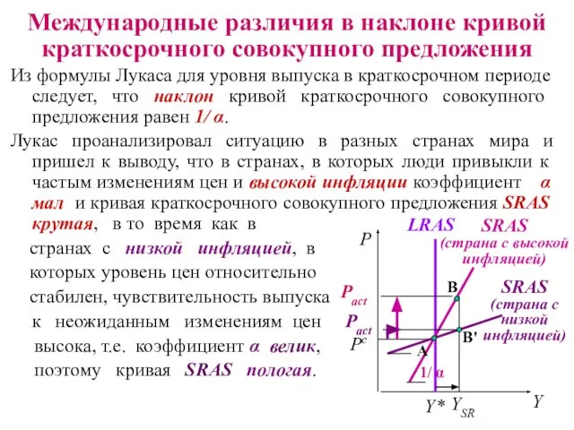 Из формулы Лукаса для уровня выпуска в краткосрочном периоде следует, что наклон