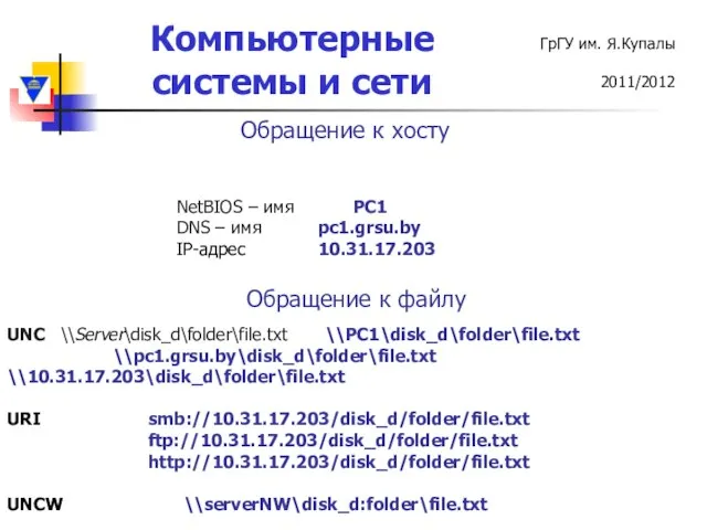 Обращение к хосту Обращение к файлу NetBIOS – имя PC1 DNS –